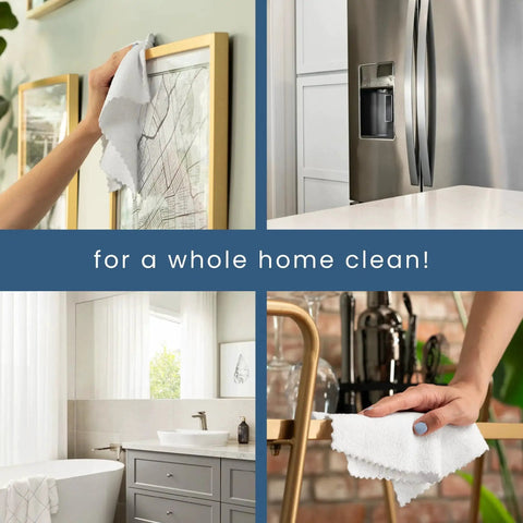Collage of 50 Pack Microfiber Cleaning Cloths 11.8x11.8 White 190gsm For Home And Auto in various home cleaning tasks