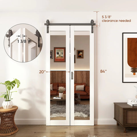 Bifold Barn Door With Mirror Panels And Hardware Kit For Closets And Rooms 40 By 84 Inches Sleek White Modern Style Durable MDF