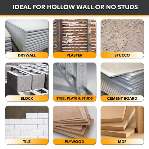 Chart showing materials for use with Steel Stud TV Mounting Kit including drywall, plaster, stucco, block, steel plate and studs, cement board, tile, plywood, MDF.