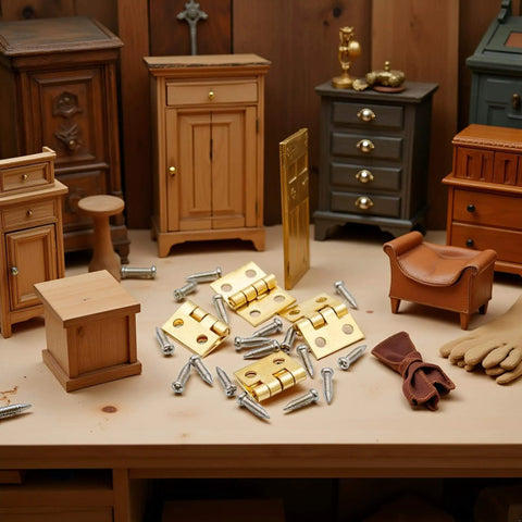 Golden One Twelfth Scale Dollhouse Door Hinges With Screws Set Of Four Hinges And Sixteen Screws On Miniature Table