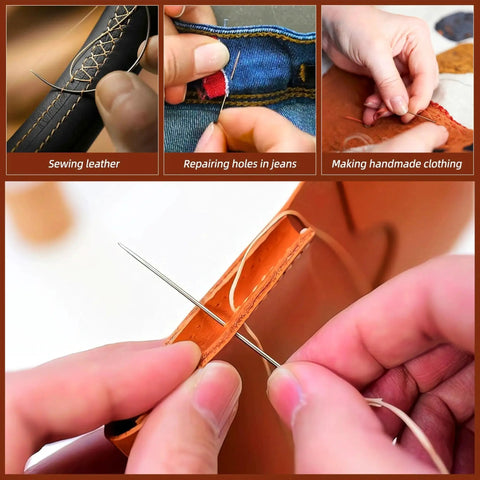 Upholstery Repair Kit With Extra Strong Waxed Thread Four Rolls In Three Colors And Heavy Duty Hand Needles Seven Pieces shown in use on leather and fabric projects