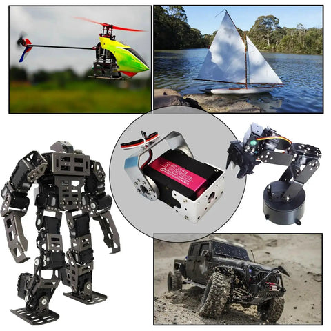 Beefy 150Kg Digital RC Servo With Dual Shafts, pictured with RC helicopter, sailboat, crawler, robotic arm, and robot. Wide 270° rotation.