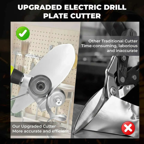 Comparison of Drill Nibbler Attachment Sheet Metal Cutter For Electric Drills and traditional cutter, showing efficiency