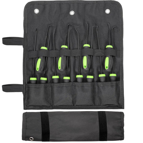 12 Piece Automotive Hook And Pick Tool Set With Long And Mini Precision Puller Remover Tools For Auto O Ring Seal And Gasket Removal In Tight Engine Bays Pro Mechanic Car Repair Essentials Doaho Tools displayed in a black tool roll.