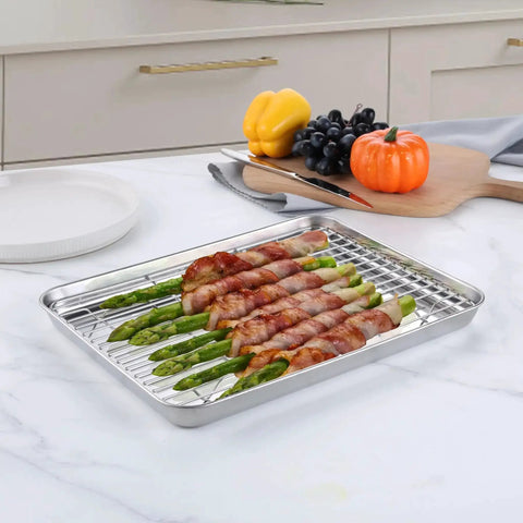 Stainless Steel Quarter Sheet Pan With Rack 9x13 Inch, bacon-wrapped asparagus on rack for cooking, rust resistant