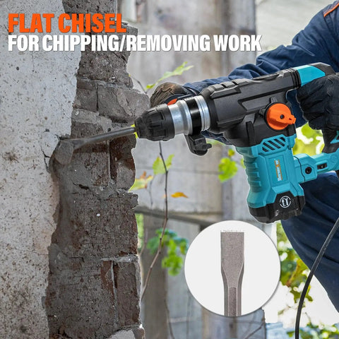 Worker using rotary hammer with All SDS Plus Rotary Hammer Drill Bit And Chisel Set, 17 Piece, on brick wall