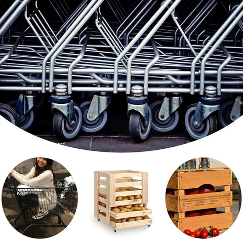 Set Of Four 1-1/2 Inch Low Profile Swivel Casters With Locking Brakes Quiet TPR Rubber Wheels for furniture, shown on various carts and boxes.