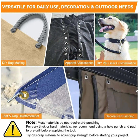 All In One 700 Set Grommet Kit With Magnetic Pliers versatility in DIY projects including bag making, apparel, pet gear, and tarp reinforcement