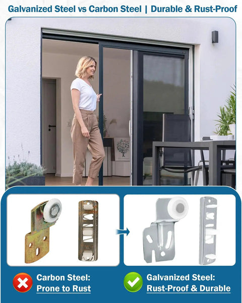 Woman by sliding door comparing galvanized and carbon steel rollers with rust-proof and durable features.
