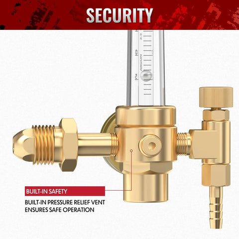 Side view of brass Welder Gas Regulator With Flow Meter For Argon Helium And CO2 Tanks Zero To Sixty CFH Flow Range MIG TIG Compatible