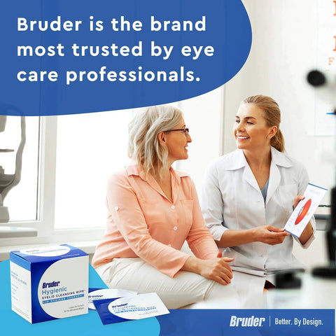 Rinse-Free Eyelid Cleansing Wipes For Oil Debris And Makeup Removal box with two women discussing in medical setting.