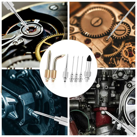 Must Have Versatile Seven Piece Grease Gun Accessory Kit With Three Nozzles One Needle Dispenser One Rubber Joint Tip One Straight Nozzle And One Bent Nozzle For Small And Confined Spaces Lyreh shown lubricating various mechanical parts