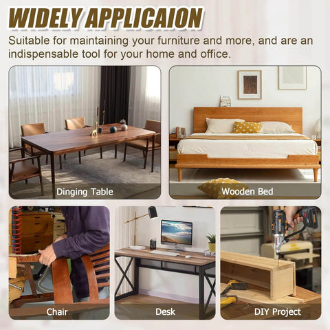 Various furniture including dining table, wooden bed, and desk showing uses for 30 Pack Flat Head Socket Cap Screws For Furniture 1/4-20 X 2 Inch Black Allen Bolts Fully Threaded Countersunk Joint Connectors Carbon Steel Durable Rust Resistant Heavy Duty Hardware Kit