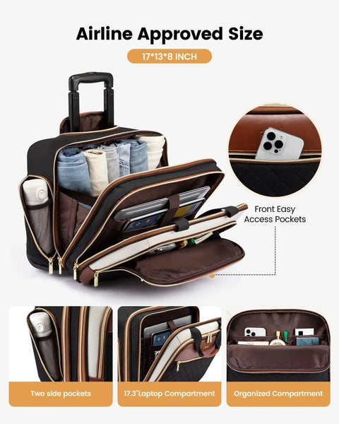 Rolling Laptop Bag For Women With Wheels 17.3 Inch Laptop Briefcase For Work Travel And On The Go Business LOVEVOOK open view