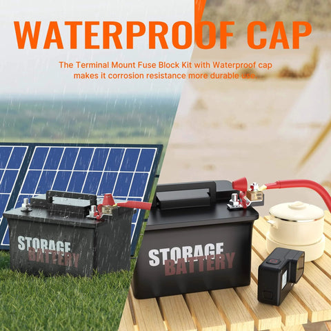 Beefy Heavy Duty MRBF Terminal Fuse Block Kit for Marine and Off Road Use with waterproof cap and storage battery setup.