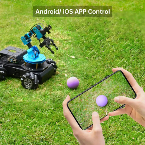 DIY 6DOF Robotic Arm Car Kit With Raspberry Pi 5 8GB AI Vision 4WD Mecanum Wheel Chassis controlled via mobile app on grass