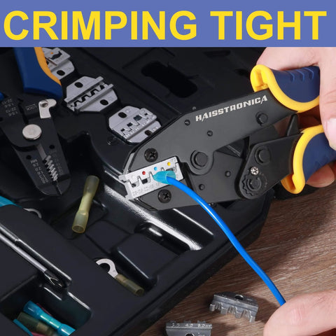 Six Piece Pro Grade Crimping Tool Set with Ratchet Action for Wire Terminals in use with insulated nylon wires.