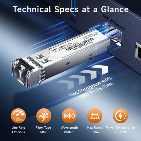 Cable Matters 2-pack 1000BASE-SX SFP to LC multimode fiber transceiver module, 1.25G, 850nm, MMF, up to 500m