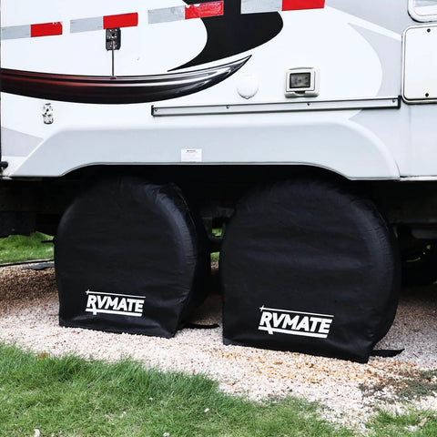 Four Pack RV Tire Covers Fits 27 To 29 Inch Tires Waterproof UV Resistant Black Wheel Covers For RVs Trailers Trucks And Cars Heavy Duty Weatherproof All Weather Protection installed on RV.