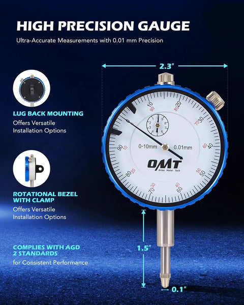 High precision gauge with 0.01 mm accuracy, rotational bezel, and clamp for Precision Pro Grade Automotive Dial Gauge Kit For Brake Runout And Ball Joint Wear.