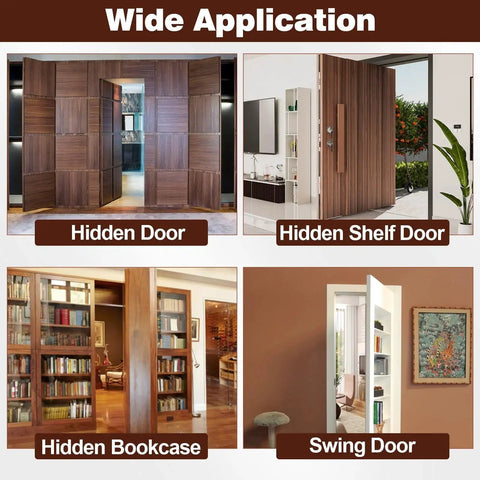 Wide application of hidden door hinge system in various hidden doors and bookcases.