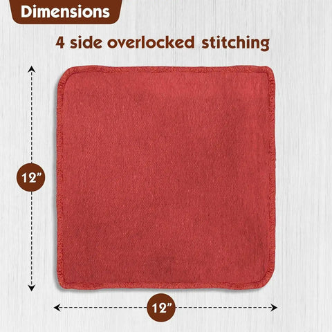 12 by 12 inch red shop towel with overlocked stitching, Pro Grade Auto Shop Towels 100 Pack Red 100 Percent Cotton Lint Free