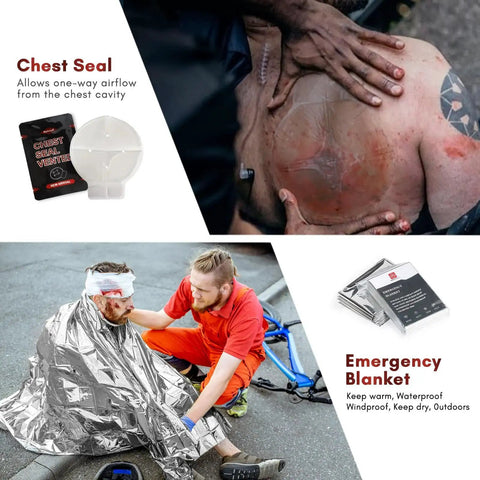 Compact Emergency Trauma Refill Kit IFAK Style With Israeli Bandage And 6 Inch Chest Seal, emergency uses shown in action.