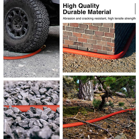 SPECILITE 5/8 inch rubber garden hose beside a vehicle tire on concrete
SPECILITE 5/8 inch rubber garden hose along brick wall in yard
SPECILITE 5/8 inch rubber garden hose close-up among gray rocks
SPECILITE 5/8 inch red rubber garden hose winding through pine needles in a forested yard