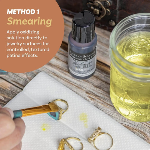 Extended Life Liver Of Sulfur Gel For Patina Finishes On Silver Copper Bronze Jewelry And Metal Art Projects 1 Fluid Ounce Bottle Creates Blue Green Or Brown Oxidized Patina For Jewelry Craft And Metalworking with brush, rings, and solution on paper towel