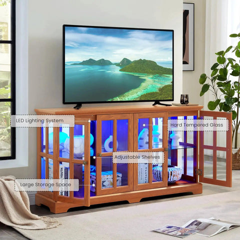 59 Inch LED Curio Cabinet With Seven Color Lights, glass doors open, displaying items with LED lighting, dark oak finish, in living room