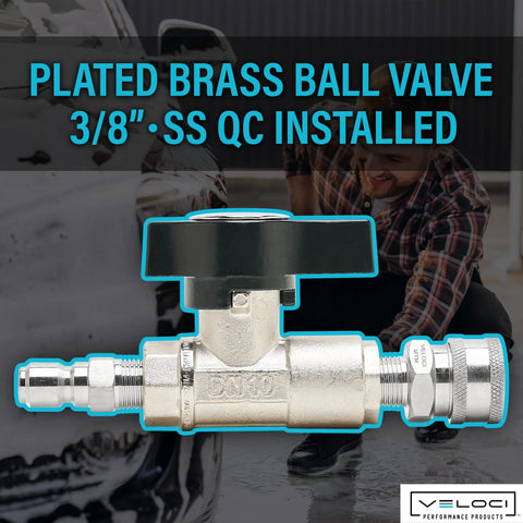 Front view of Veloci plated brass ball valve, 3/8" with stainless steel quick coupler and plug for high-pressure 3000 PSI
