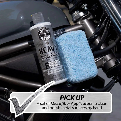 Heavy Metal Polish Restorer And Protectant For Chrome Aluminum Stainless Steel Brass Silver And More Cleans Restores Removes Oxidation And Stains Safe For Cars Trucks Motorcycles RVs And Boats 16 Oz next to microfiber applicator on motorcycle