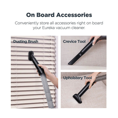 Eureka PowerSpeed bagless upright vacuum on-board accessories: dusting brush, crevice tool, upholstery tool.