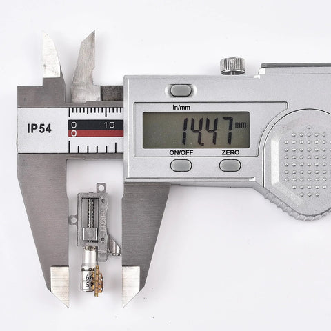 Planetary gearhead lift motor, 5 mm, metal miniature stepper with 14.47 mm width measured by calipers
