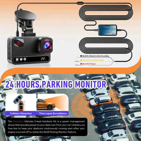 Dash Cam Hardwire Kit With Voltage Indicator 9.8 Ft Power Harness Red ACC Power Yellow Constant Power Black Ground Multi Size Connectors