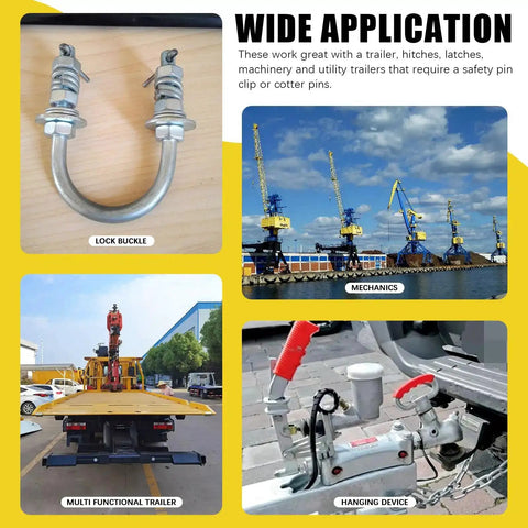 Collage of lock buckle, port cranes, multifunctional trailer, and trailer hitch demonstrates Clevis Pin Kit 51 Single Hole Flat Head use.