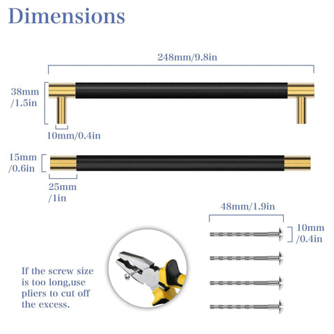 Dimensions for Brushed Satin Gold Brass Finish T Bar Cabinet Handles with Electroplated Matte Black Accents, 9.7 inch length