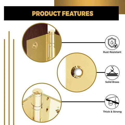 Product features of Beefy Solid Brass Door Hinges, Heavy Duty Ball Bearing, Polished Tarnish Aged Patina Gold, non lacquered brass