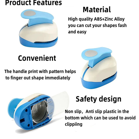 Image of a 1 Inch Oval Lever Punch For Crafting And Scrapbooking Handheld Paper Punch, blue and white, showing product features and design.