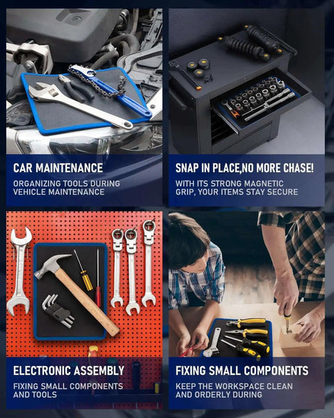 Magnetic Tool Mat Set With Four Magnetic Pads, 40 Pound Capacity, Telescoping Magnetic Pickup Tool And 360 Degree Inspection Mirror in use during auto repair and maintenance.