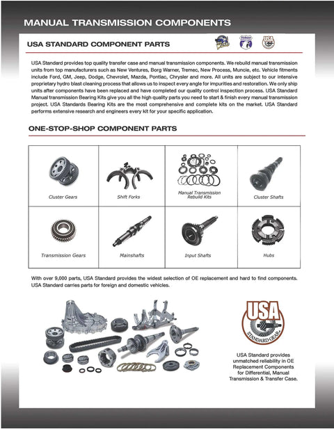 Image displaying various manual transmission component parts including gears, shift forks, input shafts, and cluster shafts.