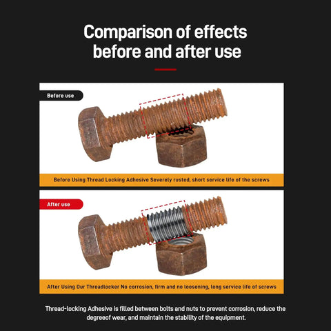 Comparison of bolt before and after using Blue Medium Strength Removable Thread Locker Adhesive For Metal Screws And Bolts, Anaerobic Thread Lock Glue For M6 To M20 Fasteners, This Stuff Locks It Down And Prevents Loosening With Easy Release, 50 Ml