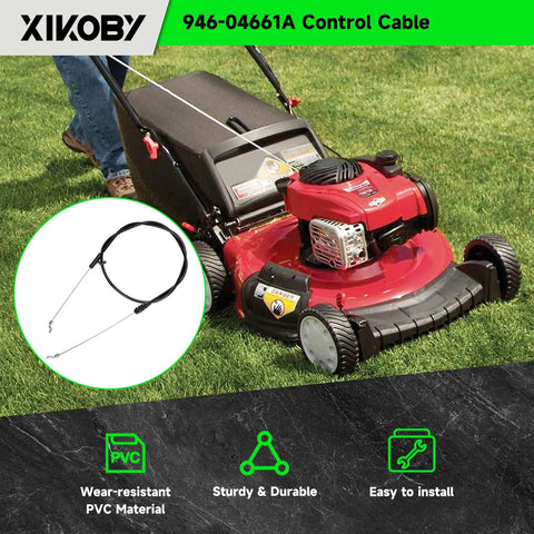 XIKOBY 946-04661A control cable for lawn mower; black steel cable with metal ends shown beside a red gas mower.
