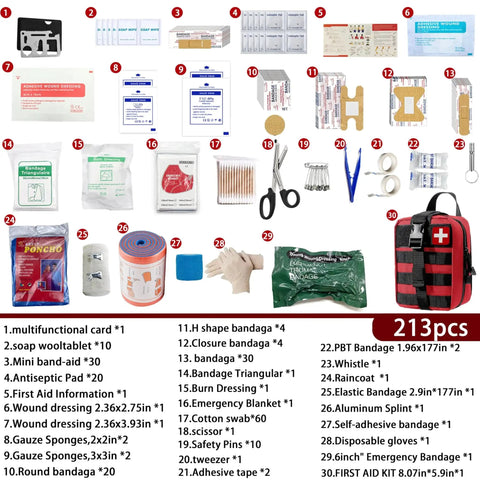 Go To 203 Piece IFAK Trauma First Aid Kit With MOLLE Pouches For Home Car Travel Camping Hiking Sports And Outdoor Emergencies, contents displayed