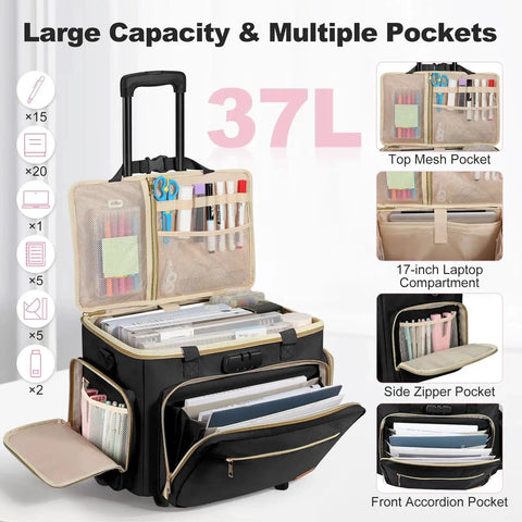 Rolling Teacher Bag With Wheels And Detachable Trolley Fits 17 Inch Laptop shown with compartments open, showcasing spacious interior and pockets for accessories.