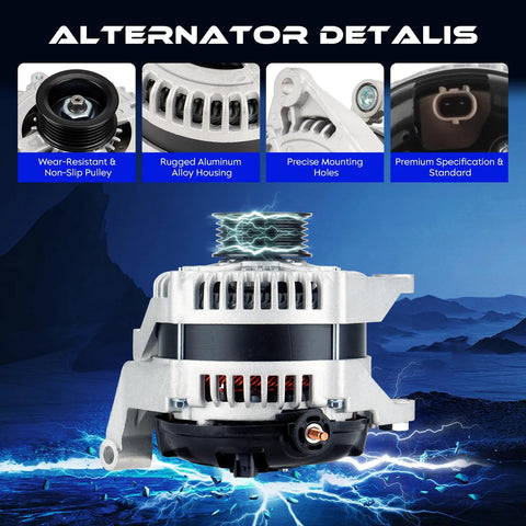 High Output 12V Alternator Replacement For Dodge Durango 3.7L And 4.7L Engines 2001-2006 Jeep Commander 3.7L-4.7L 2006 Grand Cherokee 3.7L-4.7L 2005-2006 Liberty 3.7L 2002-2006 Replaces 56029914A with aluminum housing and mounting details shown