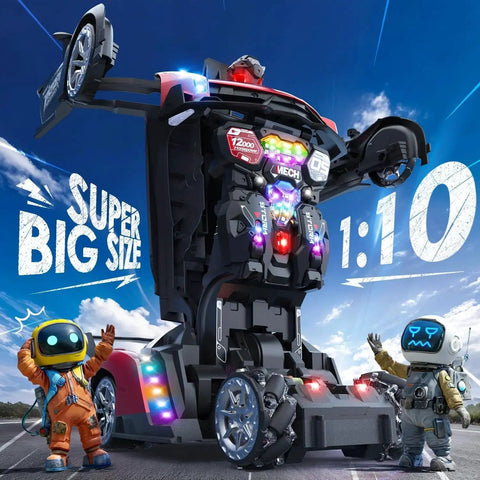 1:10 Scale Transforming RC Car And Robot With Gesture Control For Dope Epic Playtime, shown in robot form with LED lights and toy characters