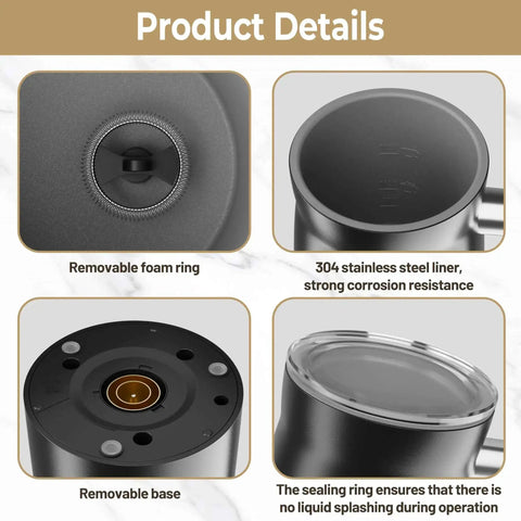 Product details of 4 In 1 Electric Milk Frother And Steamer With Large Capacity For Hot Or Cold Foam showing removable base and foam ring.