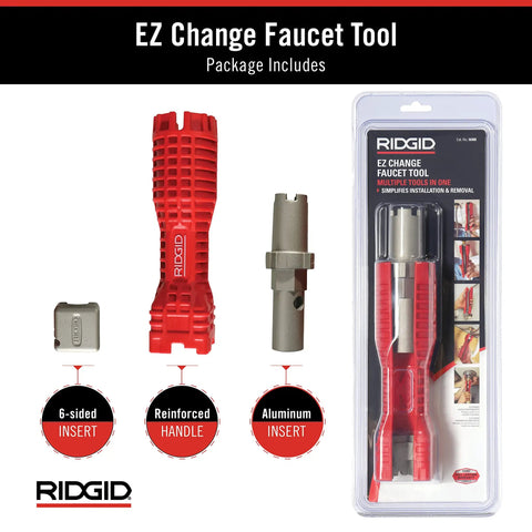 No Fuss Under Sink Faucet Install And Removal Wrench With 6 Sided Cube Insert including red tool, aluminum insert, and packaging.