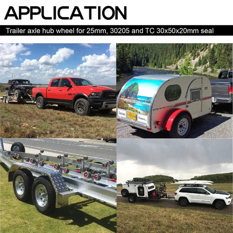 Trailer axle hub applications for light-duty trailers, featuring 25mm axles and TC sequence, against outdoor scenery.